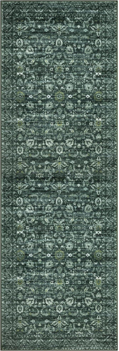 Runner Rug 2.6x10, Dark Green Washable Long Hallway Rug Runner Non-Slip Soft Kitchen Runner Thin Printed Faux Wool Super Soft Carpet for Entryway Bedroom Laundry Room Indoor Home Decor