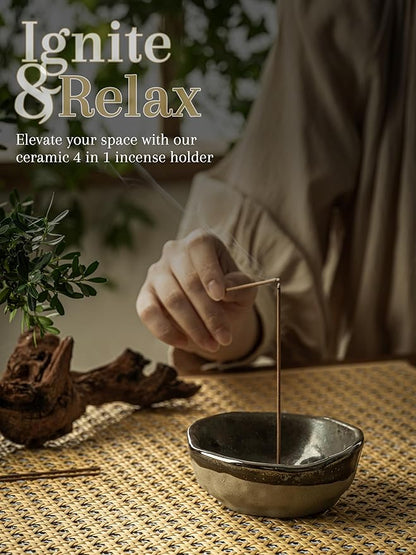 Ceramic 4 in 1 Incense Burner, 4.25 Inch Incense Holder with 3 Refined Copper Incense Sockets, Unique Round Shape Insence-Stick Holder for Meditation Decor, Yoga, SPA, Black