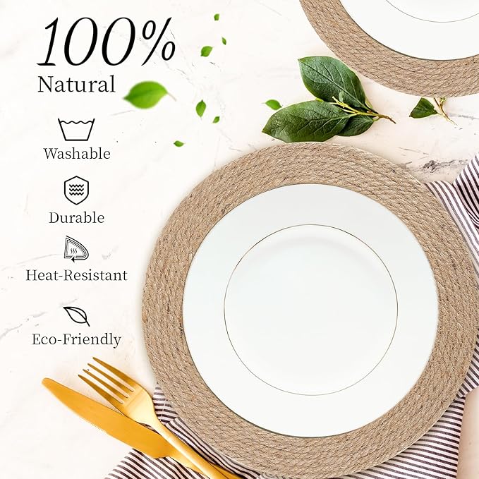 13.8 Inch Round Jute Placemats Set of 10 – Boho Rustic Woven Table Mats & Charger Plates, Heat Resistant & Easy to Clean, Handwoven Farmhouse Table Decor for Dining, Kitchen, Weddings & Home