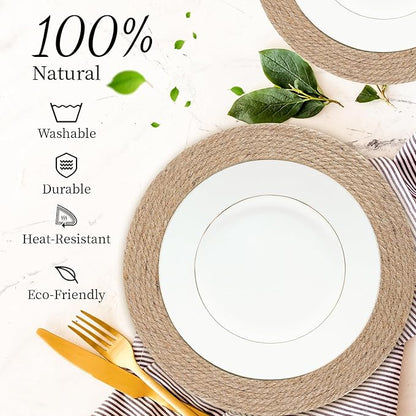 13.8 Inch Round Jute Placemats Set of 10 – Boho Rustic Woven Table Mats & Charger Plates, Heat Resistant & Easy to Clean, Handwoven Farmhouse Table Decor for Dining, Kitchen, Weddings & Home