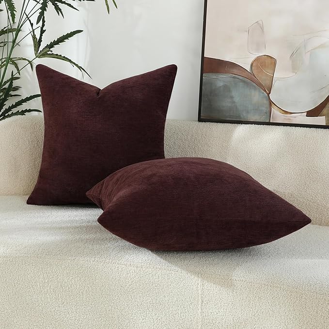 Plum Purple Chenille Decorative Couch Throw Pillow Covers, Soft Cushion Cases for Home Livingroom Sofa Décor, Pack of 2, 20 x 20 Inches