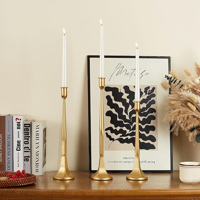 Iron Taper Candle Holder Set of 3 15.5" 14" 12" Decorative Modern Vintage Metal Tall Candlestick Holders for Wedding, Dinning Table,Mantle, Party Decoration（3, Antique Brass）
