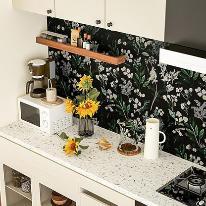 Dark Floral Wallpaper Peel and Stick Green Leaf Wallpaper Vintage Flowers Contact Paper Waterproof Self Adhesive Boho Delicate Wall Paper for Cabinet Kitchen Walls Locker 17.5in x32.8ft