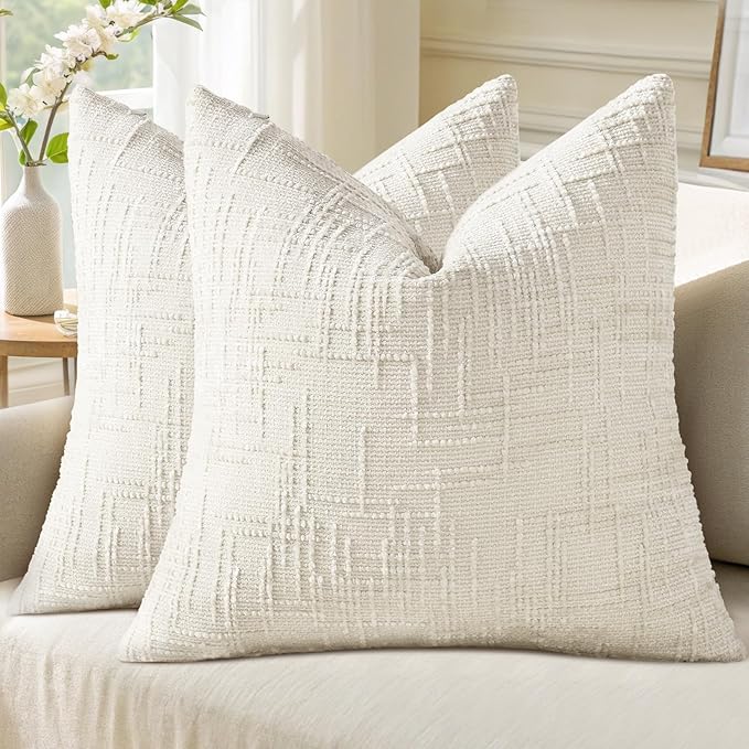 decorUhome Christmas Cream White Chenille Throw Pillow Covers 24x24 Set of 2 Thick Textured Slubby Couch Pillow Covers Farmhouse Accent Modern Neutral Decorative Pillow Cases for Bed Sofa Living Room