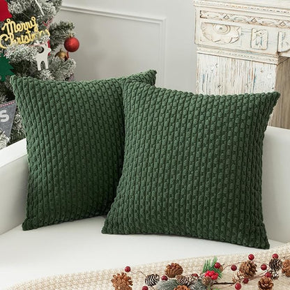 Kevin Textile Pack of 2 Corduroy Decorative Throw Pillow Covers 22x22 Inch Soft Boho Striped Pillow Covers Modern Farmhouse Home Decor for Spring Sofa Living Room Couch Bed Dark Green