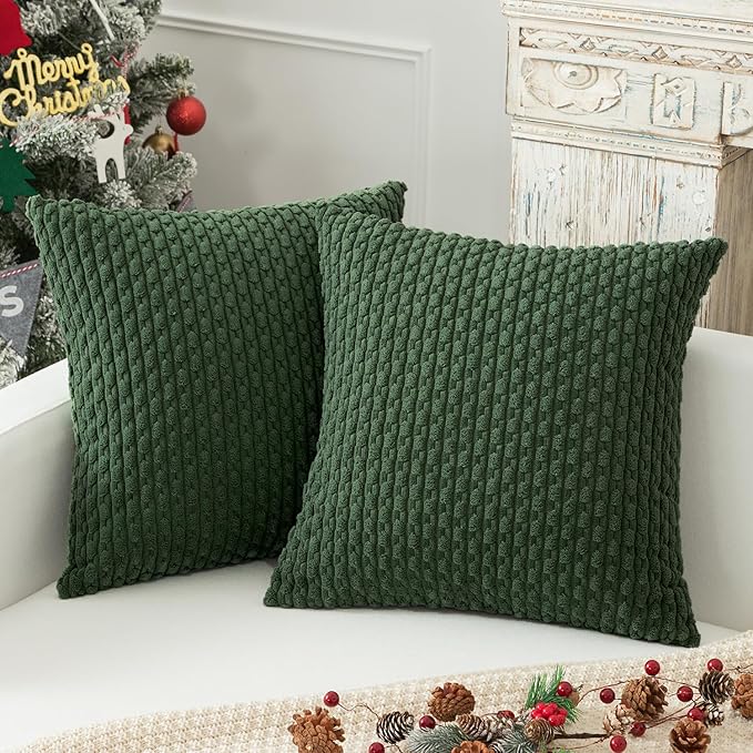 Kevin Textile Pack of 2 Corduroy Decorative Throw Pillow Covers 26x26 Inch Soft Boho Striped Pillow Covers Modern Farmhouse Home Decor for Spring Sofa Living Room Couch Bed Dark Green