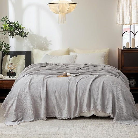 FOSSA Muslin Blanket with Fringe - 4-Layer 100% Cotton Gauze Super Soft & Breathable Throw -Lightweight Decorative Cooling Blanket for Bed, Sofa, Office (Grayish, King (104" × 90"))
