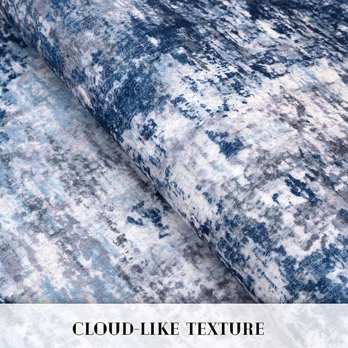 Modern Abstract Hallway Runner Rug, Grey Navy Blue Multi 2x8 Runner Rug, Washable Kitchen Runner Non-Slip Soft Thin Print Faux Wool Carpet for Entryway Bedroom Laundry Room Indoor