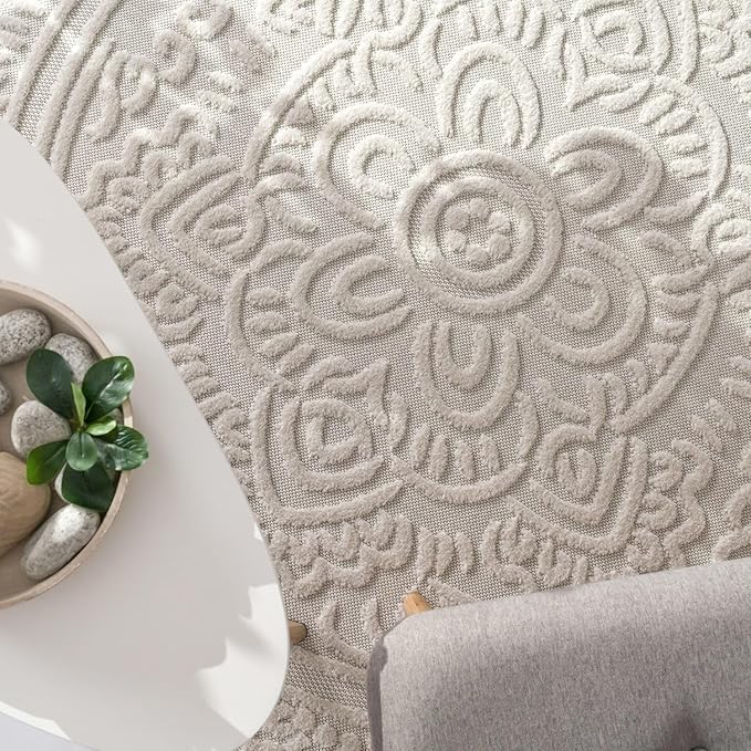 Paco Home Modern in- and Outdoor Rug with Carved Oriental Mandala Pattern in Cream, Size: 5'3" x 7'7"