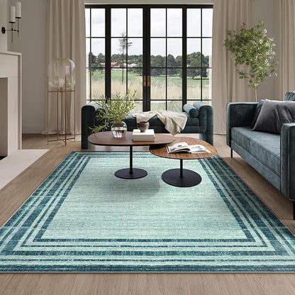 Lahome Abstract 9x12 Area Rug for Living Room, Washable Teal Rugs for Living Room Low-Pile Bedroom Rug, Minimalist Border Stain Resistant Large Room Carpet for Dining Room Kids Playroom