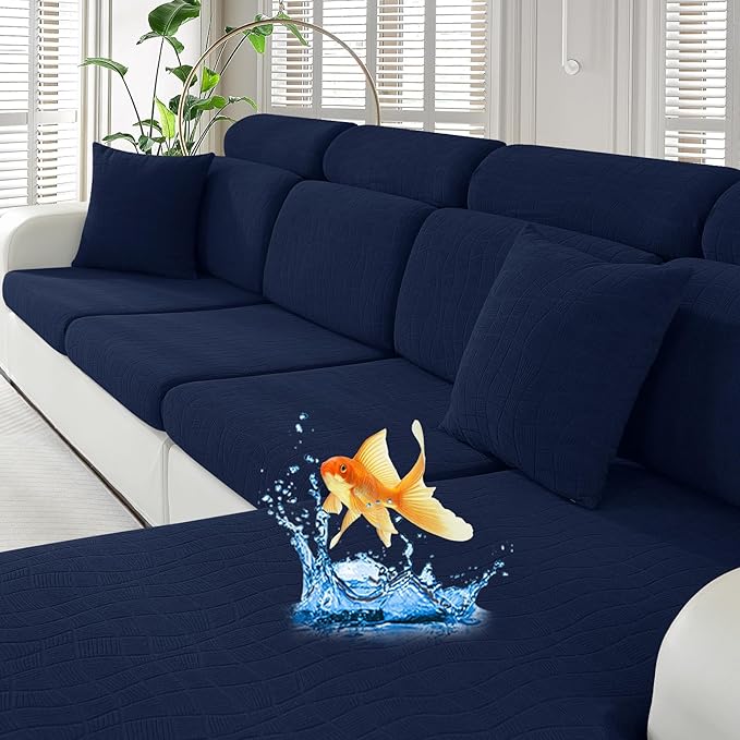 MAXIJIN Waterproof Couch Cushion Covers Stretch Sofa Seat Slipcovers Washable，Sectional Outdoor Cushion Covers with Elastic Bottom for Dogs Pets Kids (1 Pc Cushion Cover, Navy Blue)