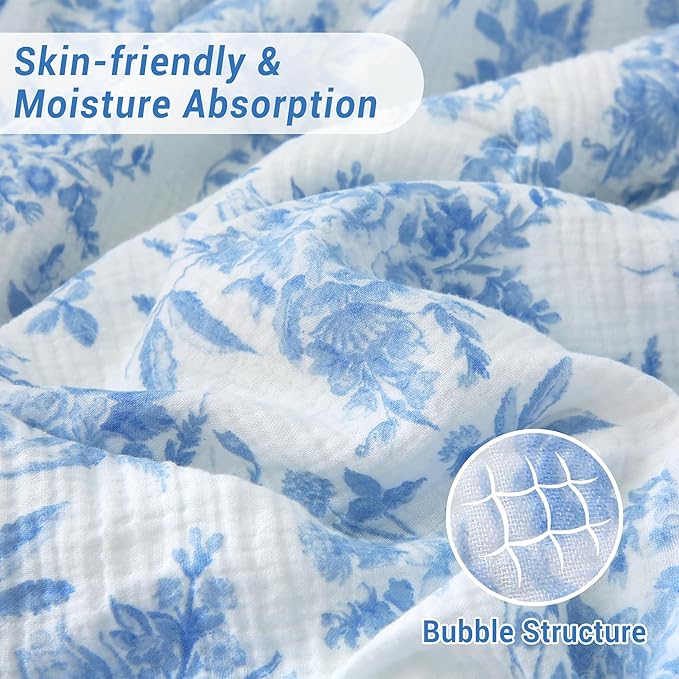 Viviland Fleece Throw Blanket Reversible Muslin Blankets, Soft Throw Blanket for Couch and Bed, Breathable Quilt Bedspread, Gauze Bedding for Adults, Large 50x70 inch, Blue Nerrah