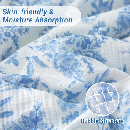 Viviland Fleece Throw Blanket Reversible Muslin Blankets, Soft Throw Blanket for Couch and Bed, Breathable Quilt Bedspread, Gauze Bedding for Adults, Large 50x70 inch, Blue Nerrah
