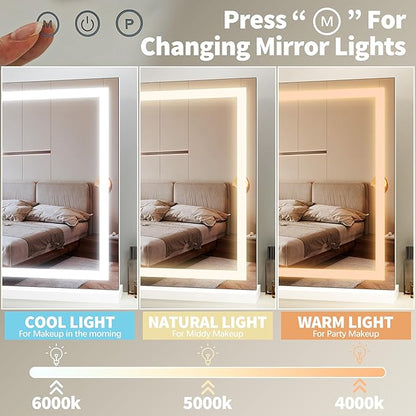 FENNIO 23" x 18" Vanity Mirror with Lights，LED Makeup Mirror，Hollywood Mirror with 3 Color Modes & Adjustable Brightness，Vanity Mirror Square White