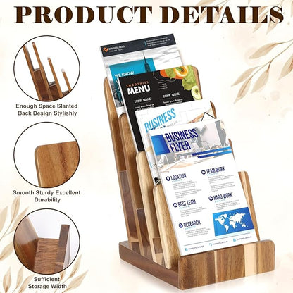 4 Tier Acacia Wood Brochure Display Stand 6 x 9 inch Brochure Holder Pamphlet Display Stand for 5.5 x 8.5 inch 5 x 7 inch Booklets Menus Postcard Holder Multi Purpose Organizer