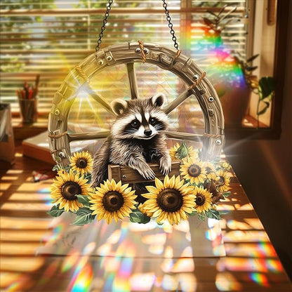 Bimkole Raccoon Sun Catchers Indoor Window - Sunflowers Acrylic Suncatcher Hanging Decoration for Living Room Bedroom Summer Home Balcony Outdoor Garden Ornaments Decoration 7.8x7.8 Inch