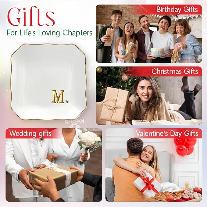 OASSIE Valentines Day Gifts for Her - 4"x4" Initials Ceramic Jewelry Dish Tray Letter M - Engagement Gift for Couples, Wedding Bridal Shower Gift for Bride, Monogrammed Gifts for Women Friends Mom