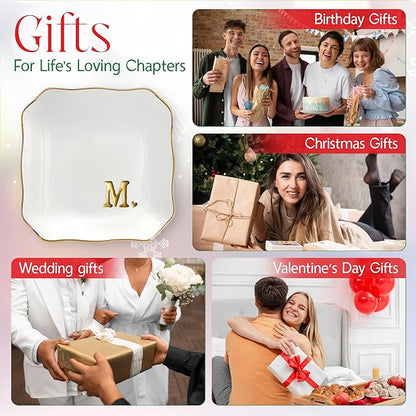 OASSIE Valentines Day Gifts for Her - 4"x4" Initials Ceramic Jewelry Dish Tray Letter M - Engagement Gift for Couples, Wedding Bridal Shower Gift for Bride, Monogrammed Gifts for Women Friends Mom