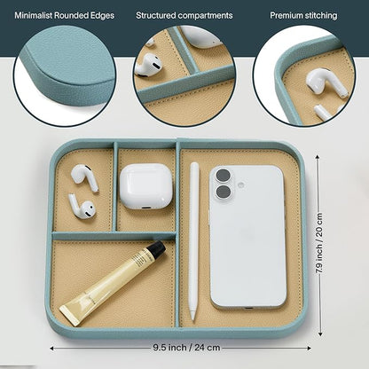 Nordik Leather Valet Tray - Seafoam Mist - 9.5 x 7.9 Inch Medium Vegan Leather Tray - Stylish Nightstand Organizer for Men - Modern Bedside Caddy - EDC Catchall for Key Watch Wallet Jewellery