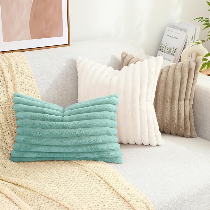decorUhome Faux Fur Spring Throw Pillow Covers 12x20 Set of 2, Decorative Soft Plush Striped Lumbar Neutral Couch Pillow Covers with Velvet Back for Sofa, Bed, Living Room Home, Aqua
