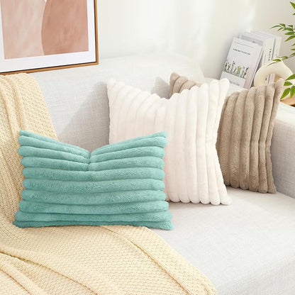 decorUhome Faux Fur Spring Throw Pillow Covers 12x20 Set of 2, Decorative Soft Plush Striped Lumbar Neutral Couch Pillow Covers with Velvet Back for Sofa, Bed, Living Room Home, Aqua