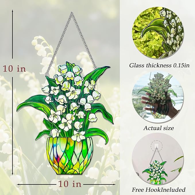 Lily of The Valley Sun Catchers, Lily of The Valley Suncatcher Stained Glass Window, Flower Suncatchers for Nana/Mom/Women - (UV Printed)