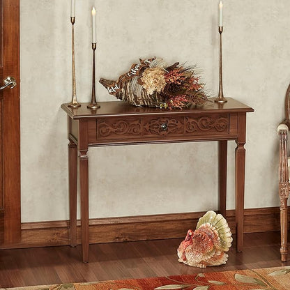 Touch of Class Cacia Carved Console Table Regal Walnut | Elegant Wooden Accent Furniture for Entryway, Foyer, Hallway, Living Room | Traditional Style Wood Tables with Decorative Display Space