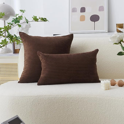 Home Brilliant 24x24 Pillow Covers Set of 2 Striped Corduroy Plush Velvet Euro Sham Large Throw Pillow Cover for Chair, 24 x 24 inch, Brown