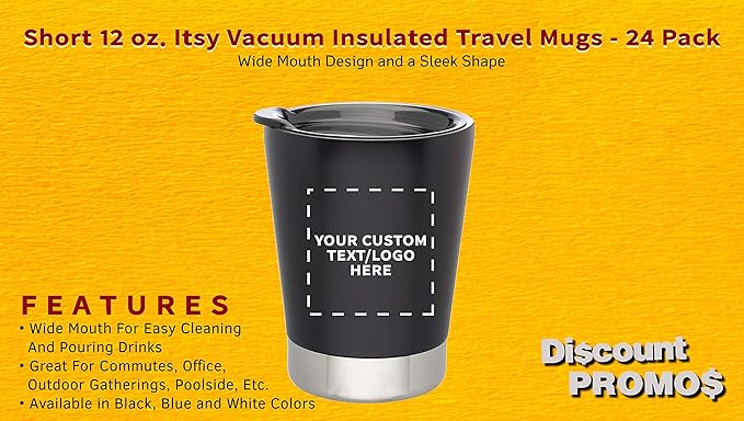 Personalized 12 oz. Itsy Vacuum Insulated Travel Mugs - 24 Pack - Custom Text, Logo - Black