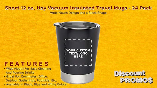 Personalized 12 oz. Itsy Vacuum Insulated Travel Mugs - 24 Pack - Custom Text, Logo - Black