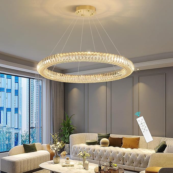 Modern Ring Chandelier LED Dimmable Living Room Chanderliers Entryway High Ceiling Crystal Ring Pendant Lights for Dining Room Bedroom Gold Interior Light