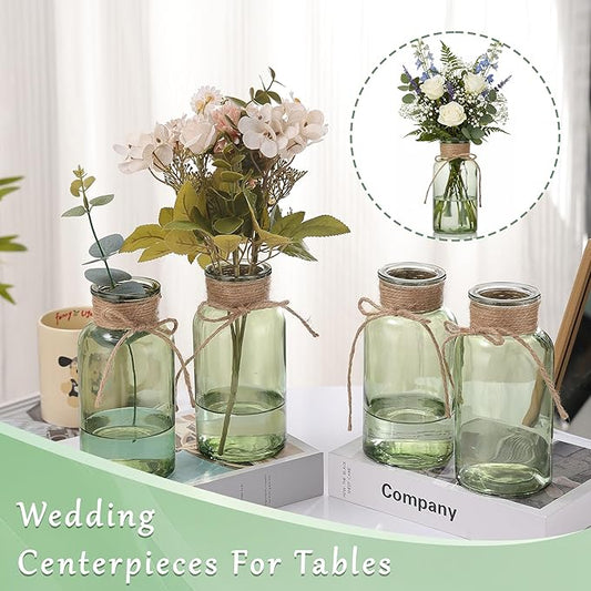 Green Glass Flower Vases for Centerpieces Set of 6, Mason Jars Boho Cylinder Bud Vases in Bulk, for Weddings Parties Vintage Home Decor
