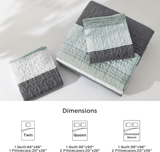 Litanika Quilt Queen Size Sage Green, Stripe Patchwork Summer Bedspread Coverlet 3 Pieces, Soft Lightweight Microfiber Quilted Bedding Set for All Season(1 Quilt, 2 Pillowcases)