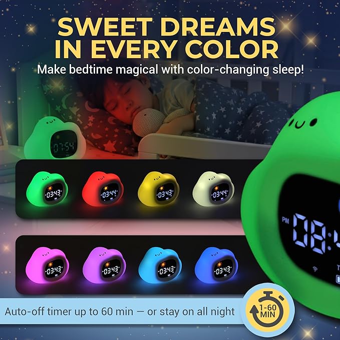 App-Controlled Kids Sleep Trainer – Color-Changing Night Light Alarm Clock with Sounds, OK-to-Wake Toddler Clock, USB-C Corded with Backup Battery, Gift for Boys & Girls - Cloud Alarm Clock for Kids