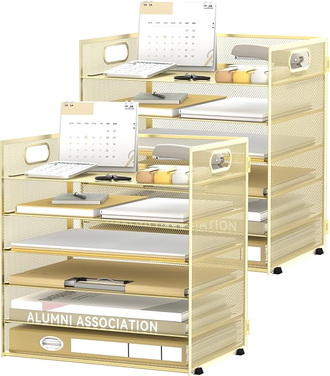 Daltack 6 Tier Paper Organizer for Desk, Paper Letter Tray Organizer for Desks, Mesh Desk File Organizers with Handle for Office, Home, School, Gold, 2 Pack
