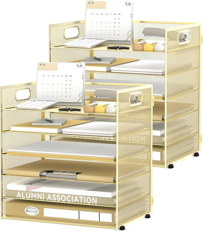 Daltack 6 Tier Paper Organizer for Desk, Paper Letter Tray Organizer for Desks, Mesh Desk File Organizers with Handle for Office, Home, School, Gold, 2 Pack