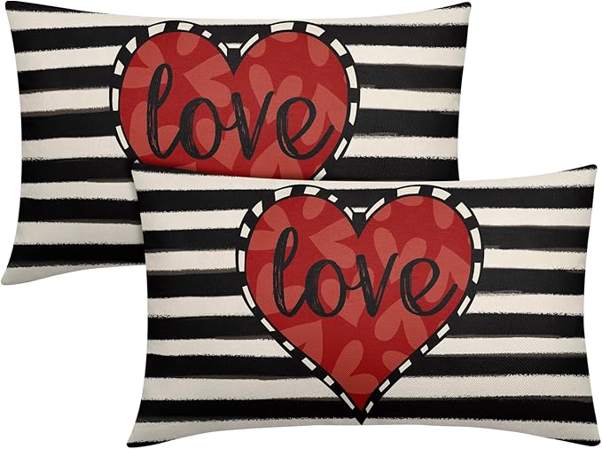 Valentines Day Pillow Covers 12x20 Set of 2 Black Red Heart Throw Pillow Covers Striped Love Pillowcase Linen Decoration Farmhouse Holiday Cozy Soft Cushion Case Couch for Indoor Outdoor Home Decor