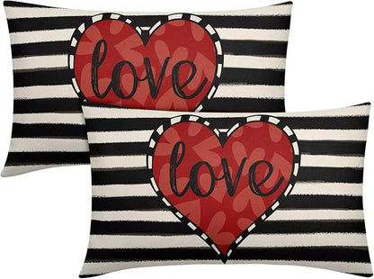 Valentines Day Pillow Covers 12x20 Set of 2 Black Red Heart Throw Pillow Covers Striped Love Pillowcase Linen Decoration Farmhouse Holiday Cozy Soft Cushion Case Couch for Indoor Outdoor Home Decor