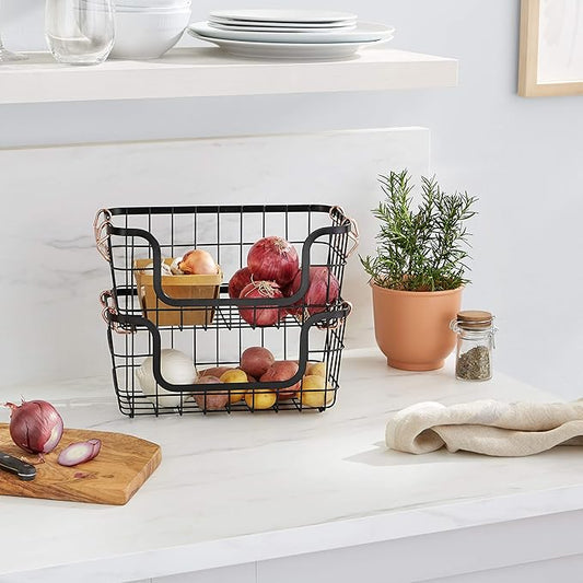 Amazon Basics Stackable Metal Wire Rectangular Storage Basket Set for Kitchen or Bathroom, 2 Count, Black