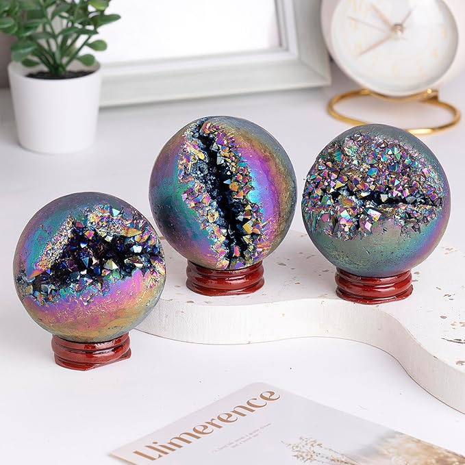 Sportmusies Titanium Coated Rock Crystal Geode Ball with Wooden Stand, Druzy Quartz Stone Cluster Sphere Reiki Home Office Decoration, Multi