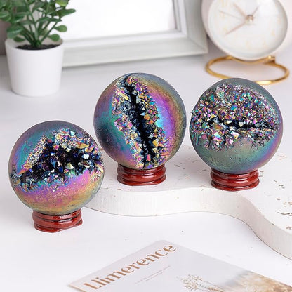 Sportmusies Titanium Coated Rock Crystal Geode Ball with Wooden Stand, Druzy Quartz Stone Cluster Sphere Reiki Home Office Decoration, Multi