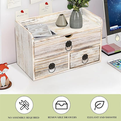 Wood Desk Organizer with Drawer, Vintage Brown Wooden Desktop Organizer, Tabletop Storage Organization Box for Countertop, Home Office Supplies (3 Drawer and Shelf)