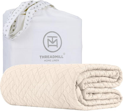 Threadmill Luxury Cotton Blankets for Twin Size Bed | All-Season 100% Cotton Twin Blanket for Bed | Criss Cross Jacquard Lightweight, Soft & Cozy Coverlet, 350GSM, 68 x 90 inches | Vanilla Cream