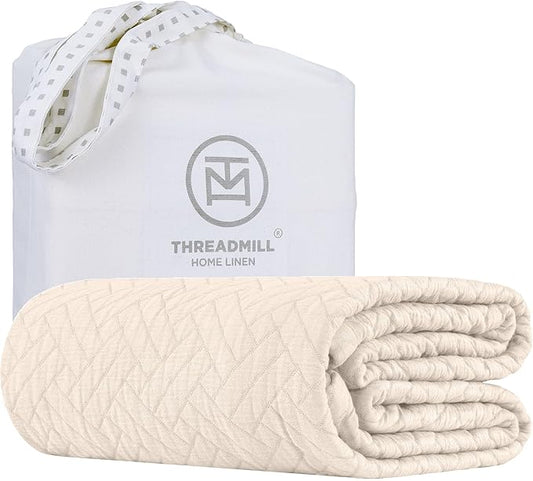 Threadmill Luxury Cotton Blankets for Twin Size Bed | All-Season 100% Cotton Twin Blanket for Bed | Criss Cross Jacquard Lightweight, Soft & Cozy Coverlet, 350GSM, 68 x 90 inches | Vanilla Cream