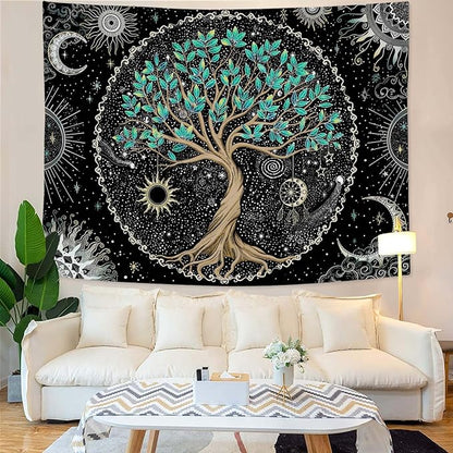 Rexful Tree of Life Tapestry Green Wall Art for Bedroom Spiritual Aesthetic Sun and Moon Tapestries Wall Hanging Decor (60''×44'')