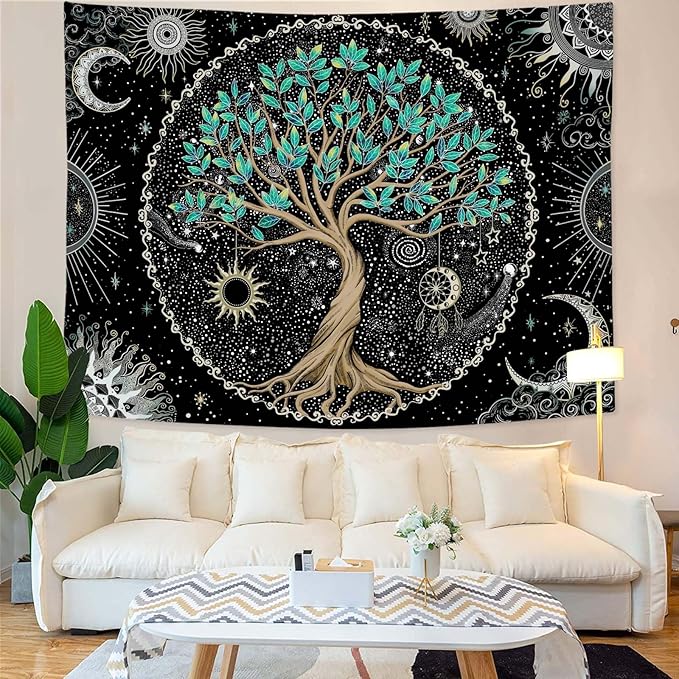 Rexful Tree of Life Tapestry Green Wall Art for Bedroom Spiritual Aesthetic Sun and Moon Tapestries Wall Hanging Decor (48''×36'')