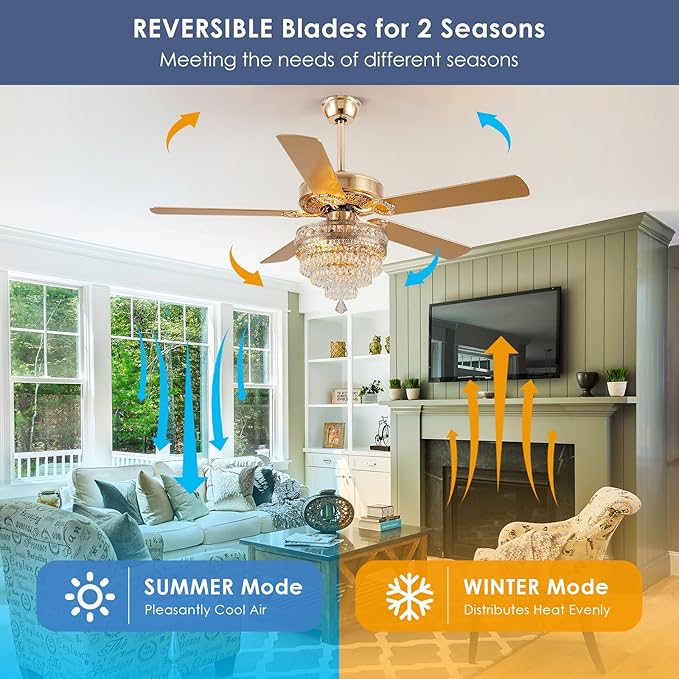 Crystal Ceiling Fan Fandelier with Lights - 52" Modern Outdoor Fans with Remote Control，Noiseless AC Motor, Retro/Farmhouse Lighting, Dining Room,Living Room (Gold