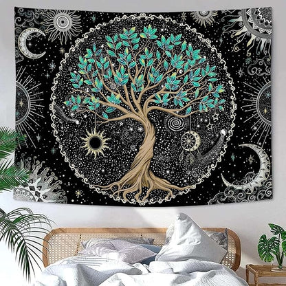Rexful Tree of Life Tapestry Green Wall Art for Bedroom Spiritual Aesthetic Sun and Moon Tapestries Wall Hanging Decor (60''×44'')