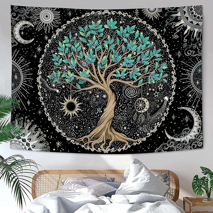 Rexful Tree of Life Tapestry Green Wall Art for Bedroom Spiritual Aesthetic Sun and Moon Tapestries Wall Hanging Decor (48''×36'')