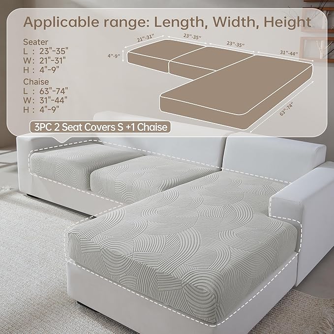 Couch Cushion Covers for Sectional and L Shaped Sofa, Stretch Soft Sofa Covers Washable Wear Resistant Slipcovers Furniture Protector Pet-Friendly (2 Seaters Covers+1 Chaise Cover, Light Gray)